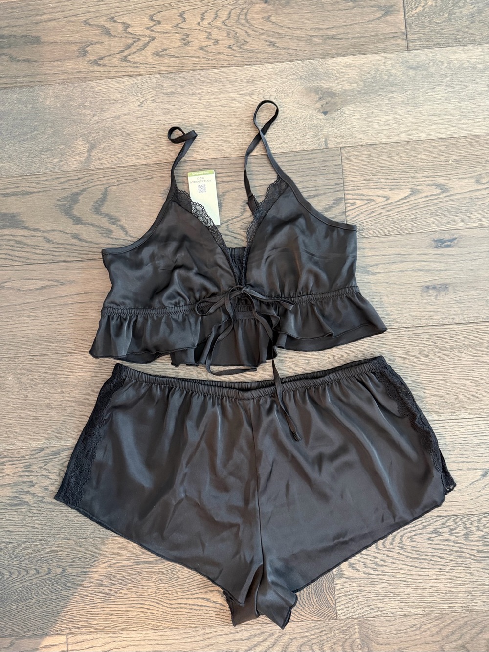 Black Satin Lace-Trim Cami & Shorts Sleep Set